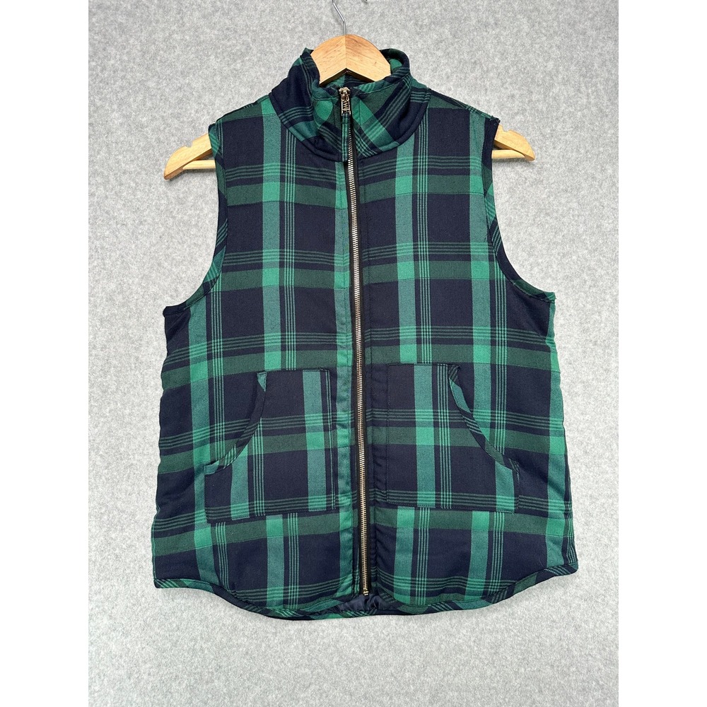 Mud Pie Womens Plaid Quilted Vest Green Navy Size S (4-6) Puffer Zip Pockets NWT